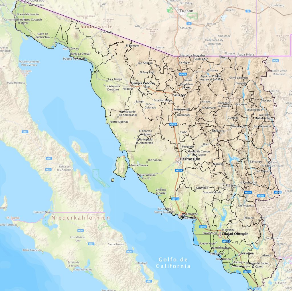Mapa de las principales ciudades de Sonora.