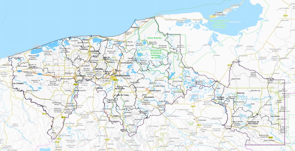 Mapa de las principales ciudades de Tabasco.