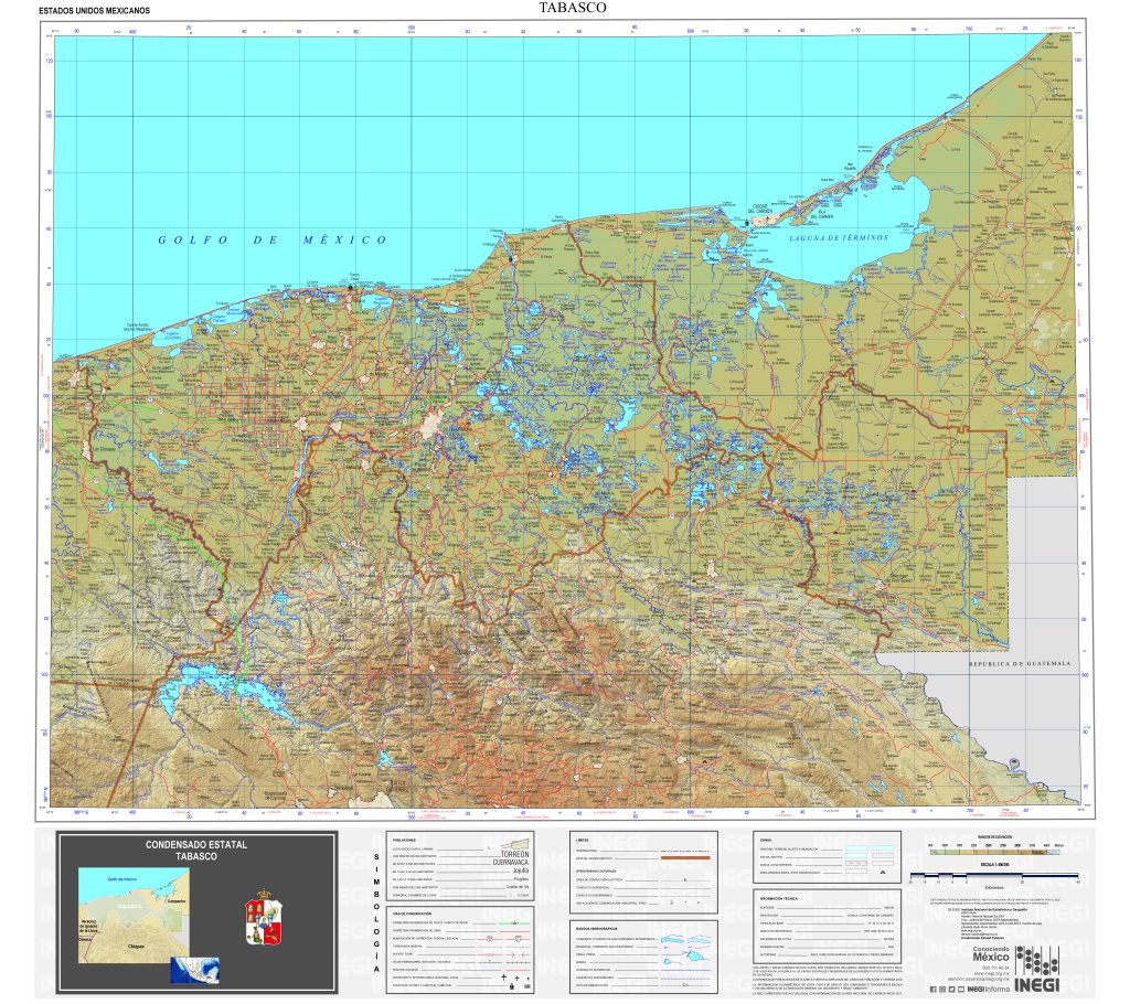 Mapa físico de Tabasco.