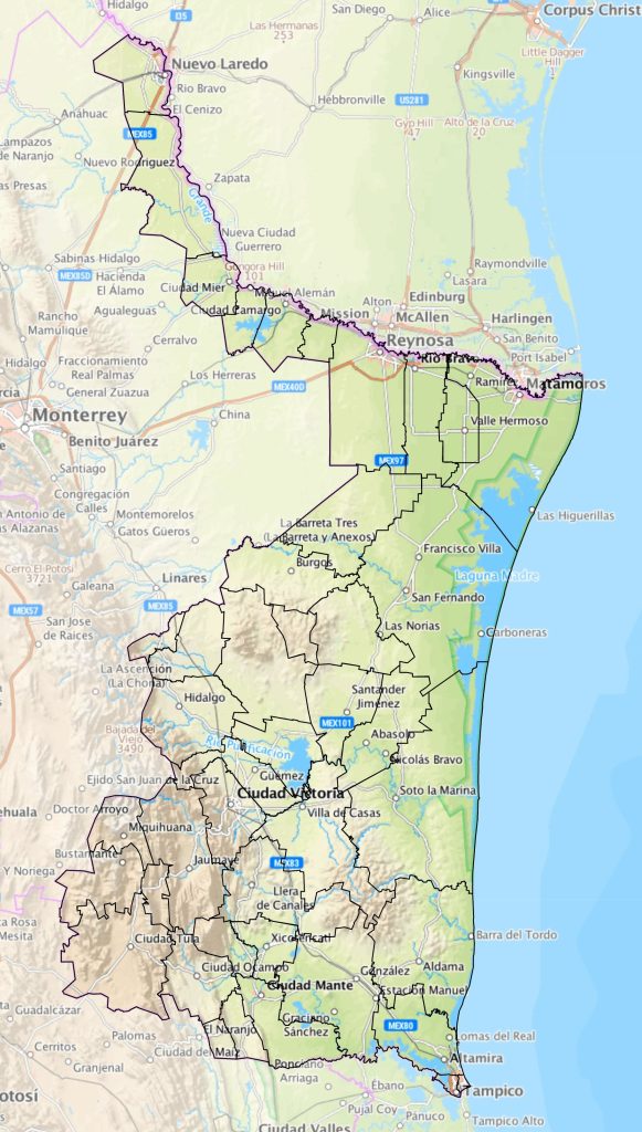 Mapa de las principales ciudades de Tamaulipas.