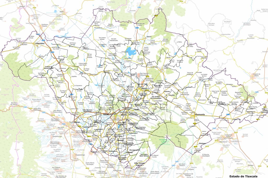 Mapa de las principales ciudades del estado de Tlaxcala.