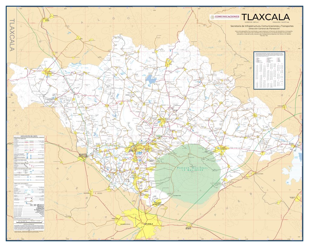 Mapa de carreteras del estado de Tlaxcala.
