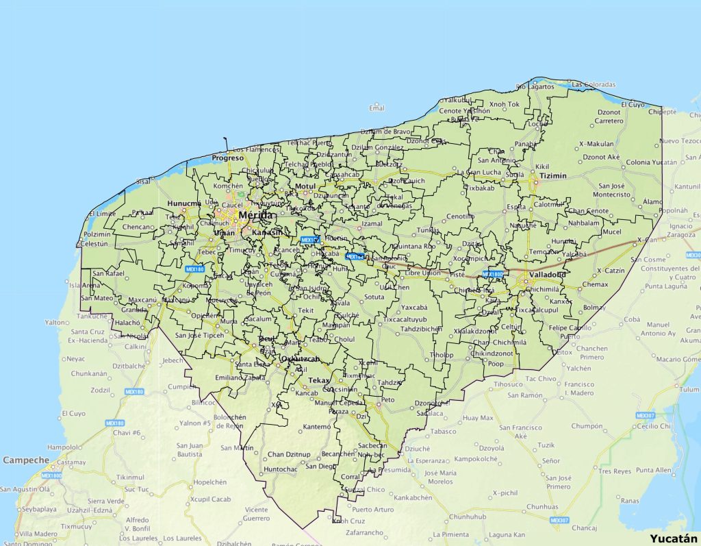 Mapa de las principales ciudades de Yucatán.