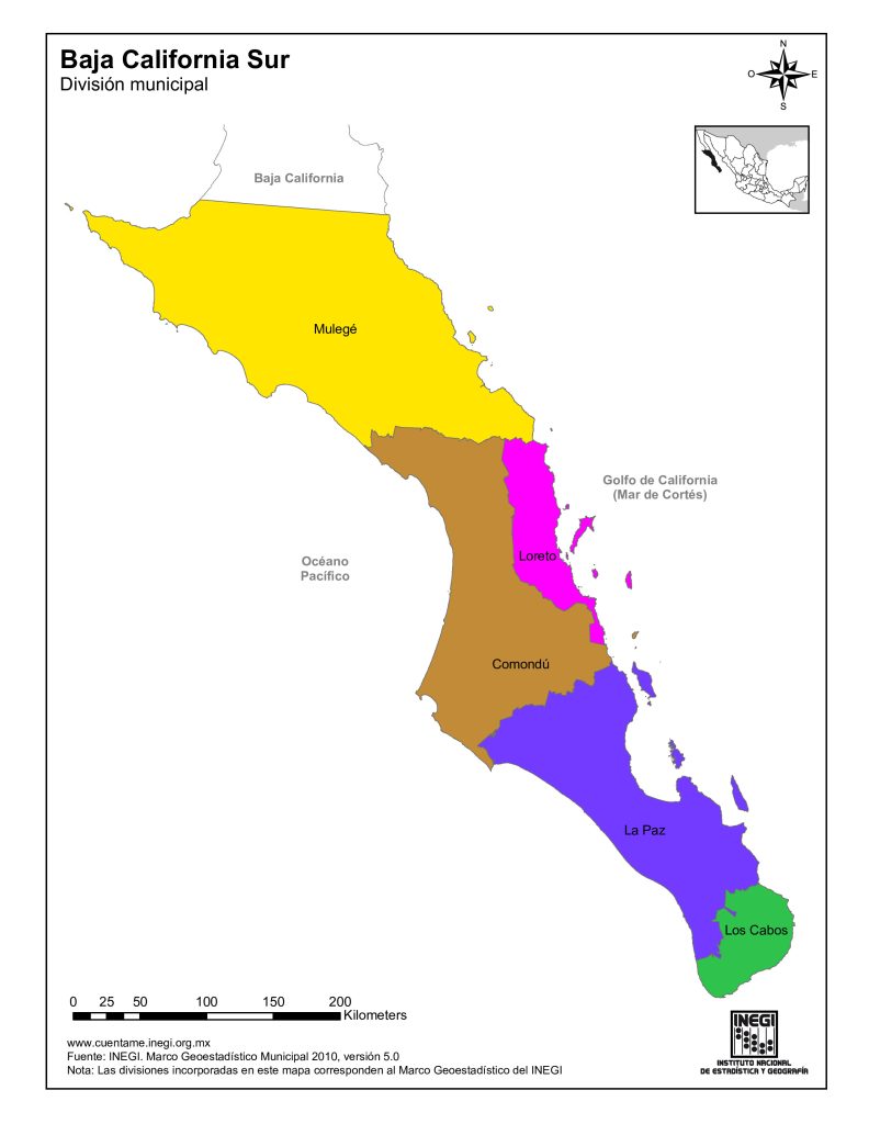 Mapa de los municipios de Baja California Sur.