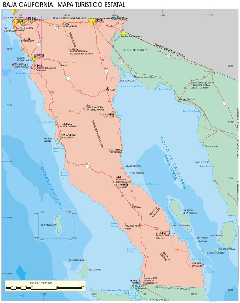Mapa turístico de Baja California.
