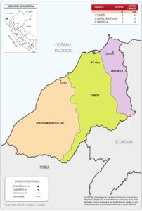 Mapa de la división política administrativa del departamento de Tumbes.