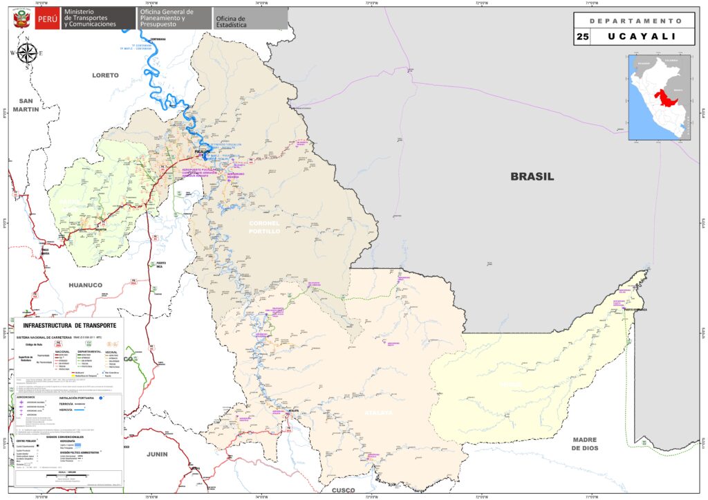 Mapa de las principales ciudades del departamento de Ucayali.