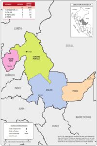 Mapa de la división política administrativa del departamento de Ucayali.