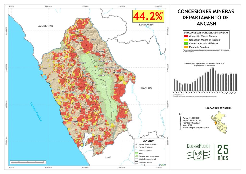 Mapa de las concesiones mineras en el departamento de Áncash mayo 2022.