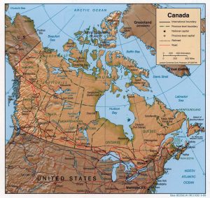 Mapa de relieve sombreado de Canadá.