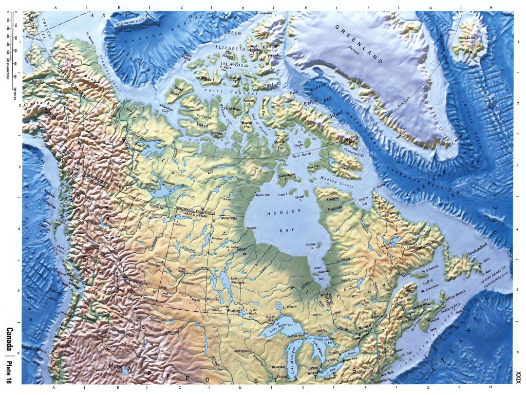 Mapa físico de Canadá.