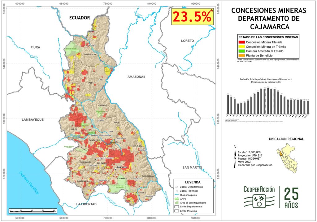 Mapa de las concesiones mineras en el departamento de Cajamarca mayo 2022.