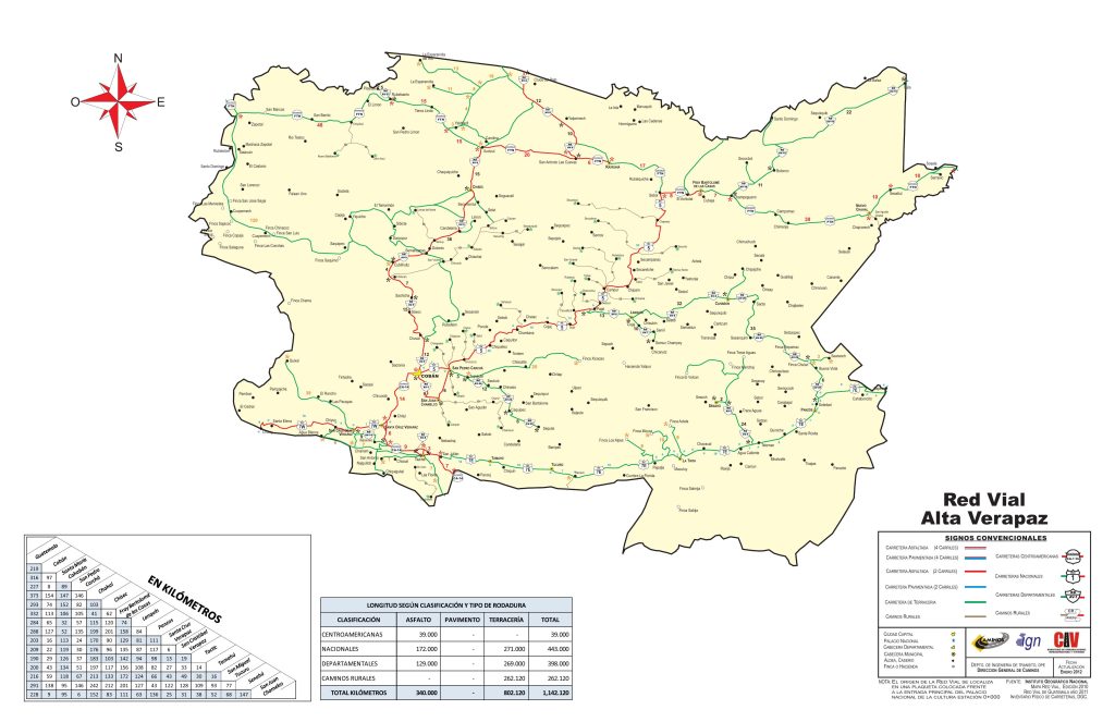 Mapa de carreteras del Departamento de Alta Verapaz.