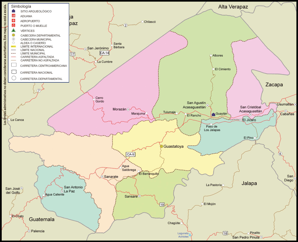 Mapa de los municipios del departamento de El Progreso.