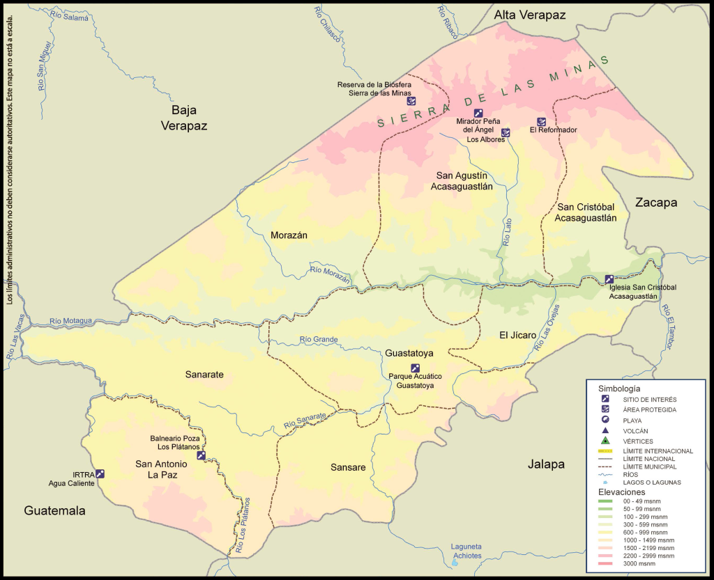 Mapa físico del Departamento de El Progreso.