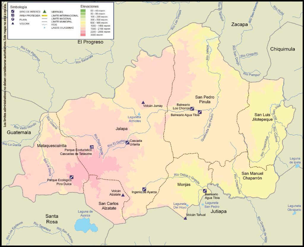 Mapa físico del Departamento de Jalapa (Guatemala).