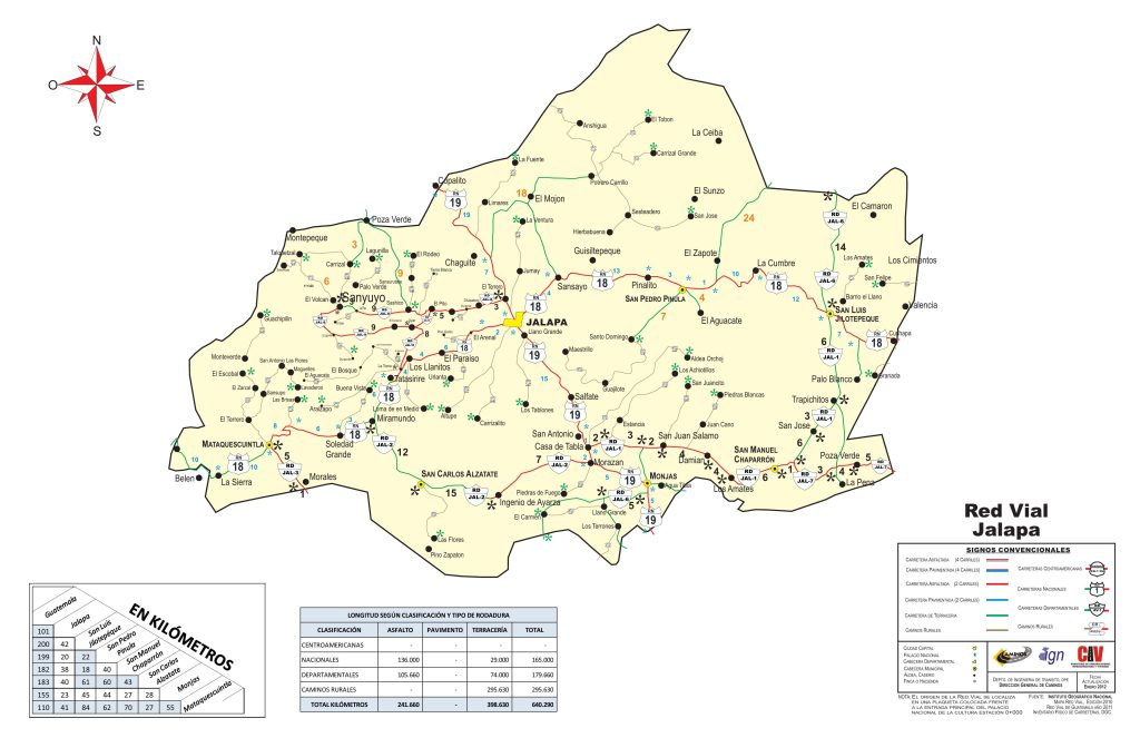 Mapa de carreteras del Departamento de Jalapa (Guatemala).
