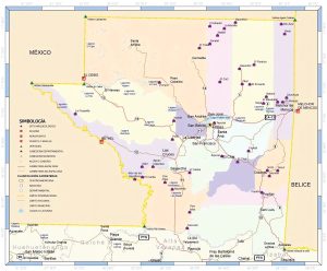 Mapa de las principales ciudades del departamento de Petén.