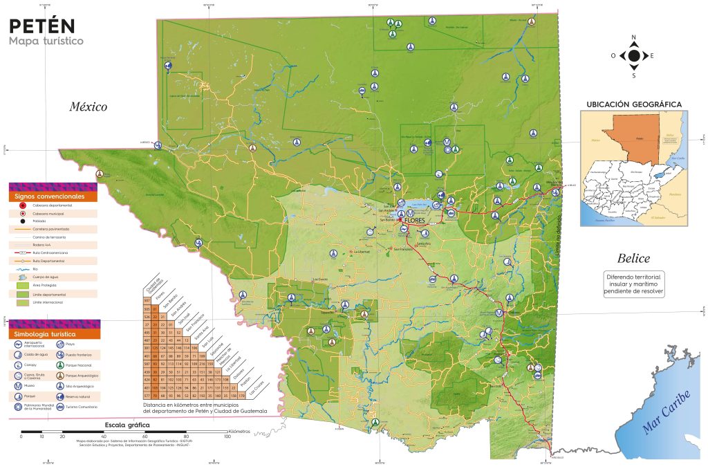 Mapa turistico del Departamento de Petén.