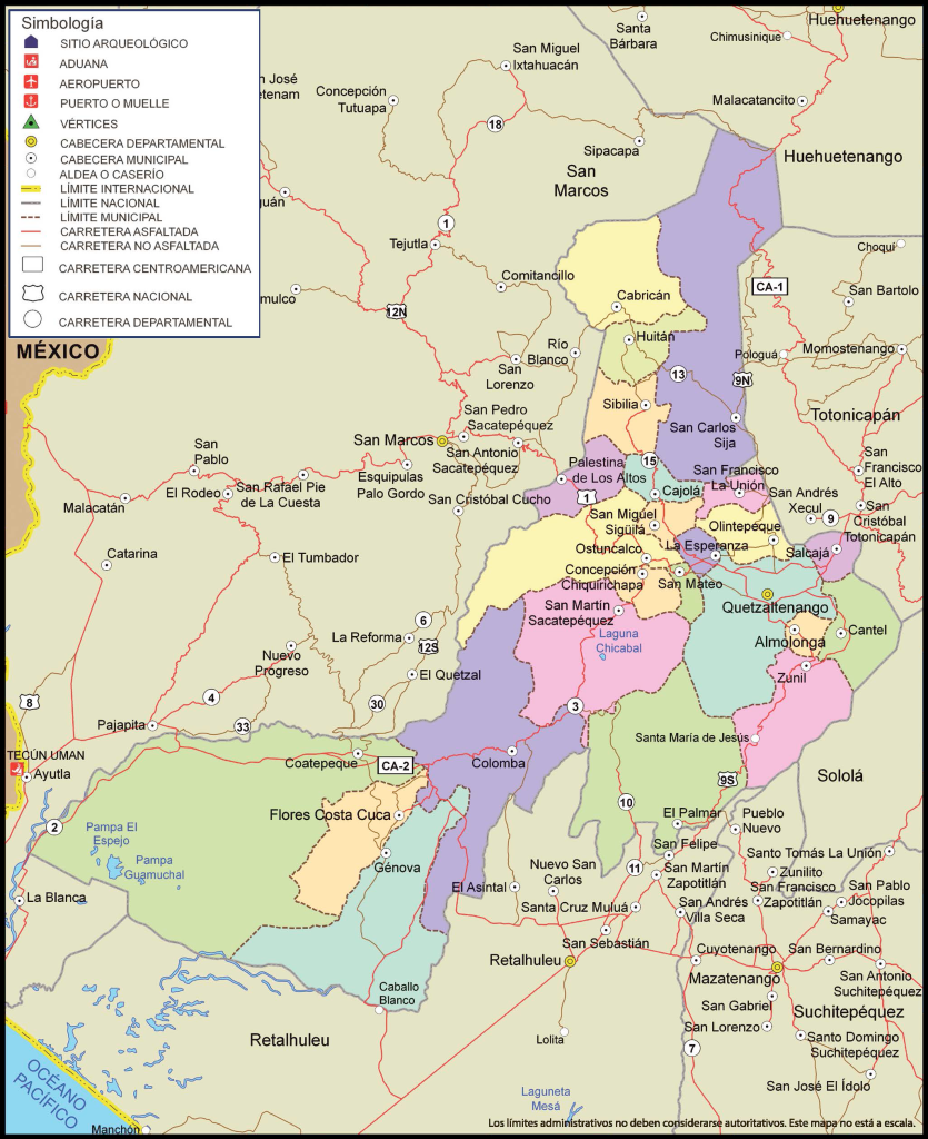 Mapa de los municipios del departamento de Quetzaltenango.