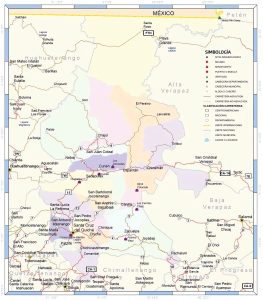 Mapa de las principales ciudades del departamento de Quiché.