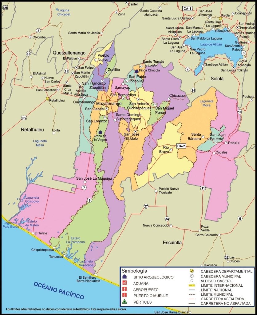 Mapa de los municipios del departamento de Suchitepéquez.