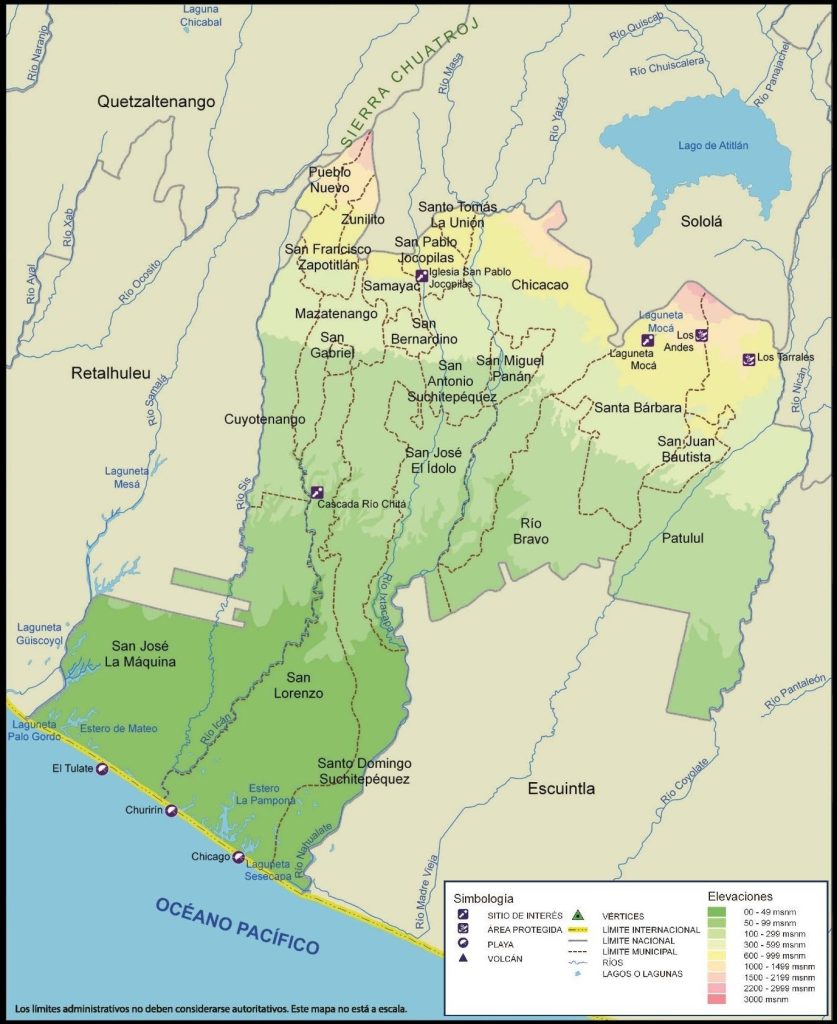 Mapa físico del Departamento de Suchitepéquez.