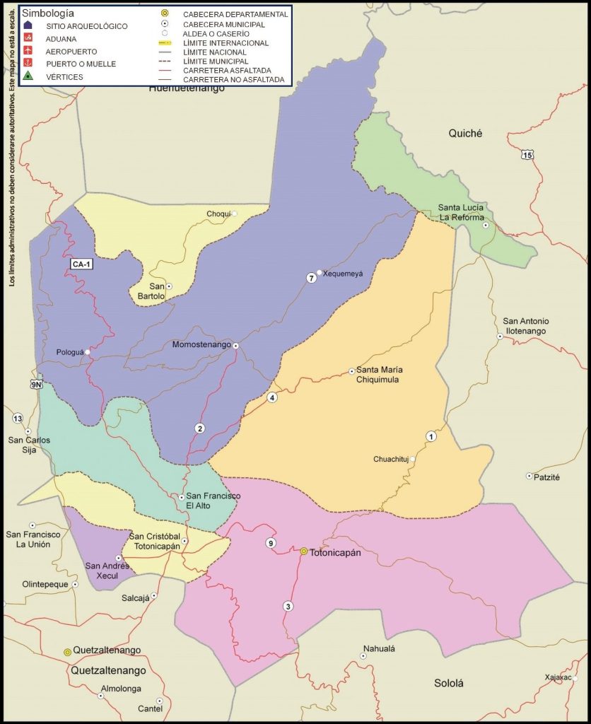 Mapa de los municipios del departamento de Totonicapán.