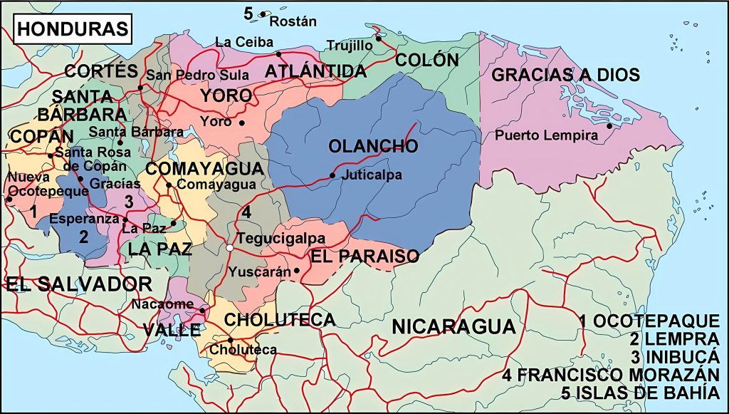 Mapa de los departamentos de Honduras.