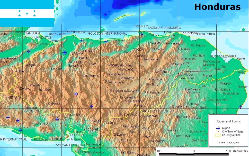 Mapa físico de Honduras.
