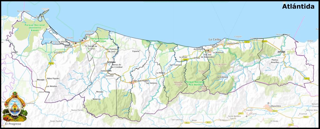 Mapa del departamento de Atlántida.