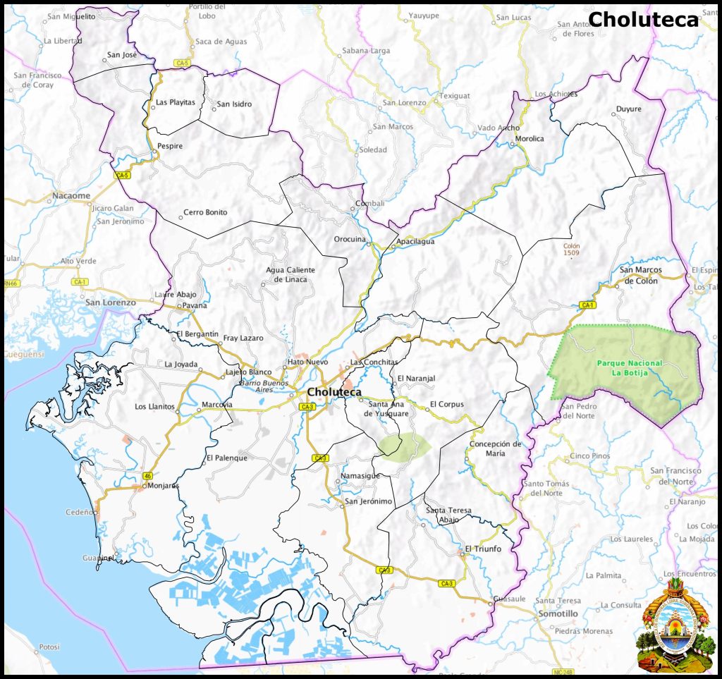 Mapa del departamento de Choluteca.