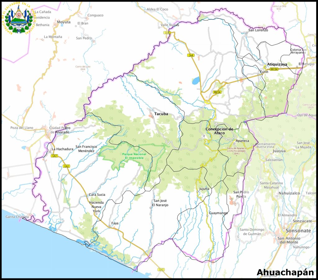 Mapa del departamento de Ahuachapán.