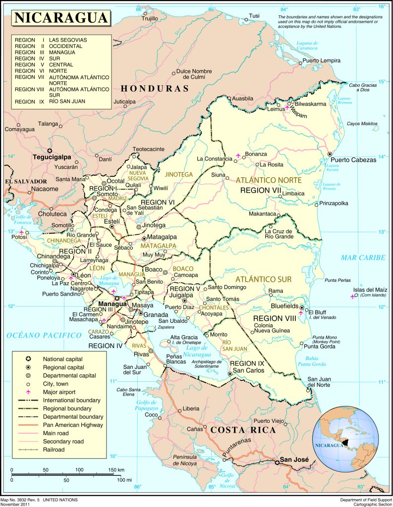 Mapa de Nicaragua de las Naciones Unidas de 2011.