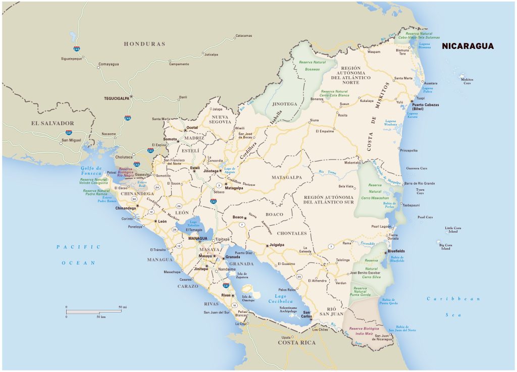 Mapa de carreteras de Nicaragua.
