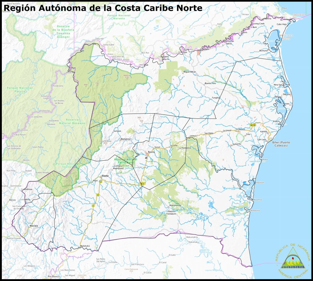 Mapa de la Región Autónoma de la Costa Caribe Norte.