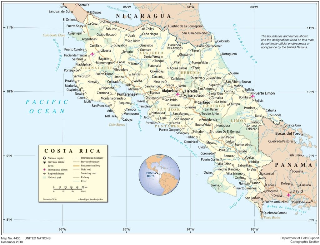 Mapa las principales ciudades de Costa Rica.