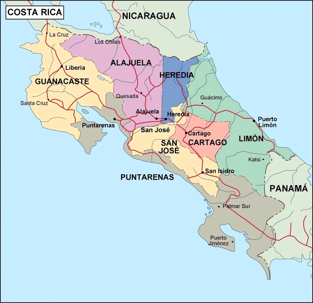 Mapa de los provincias de Costa Rica.