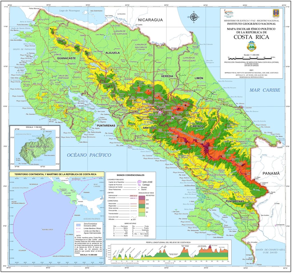 Mapa físico de Costa Rica.