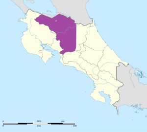 Mapa de ubicación de la provincia de Alajuela en Costa Rica.