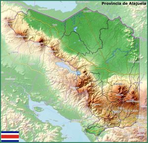 Mapa físico de la provincia de Alajuela.