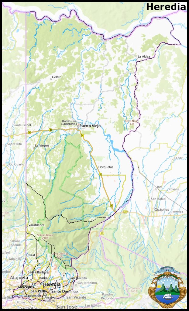 Mapa de la provincia de Heredia.
