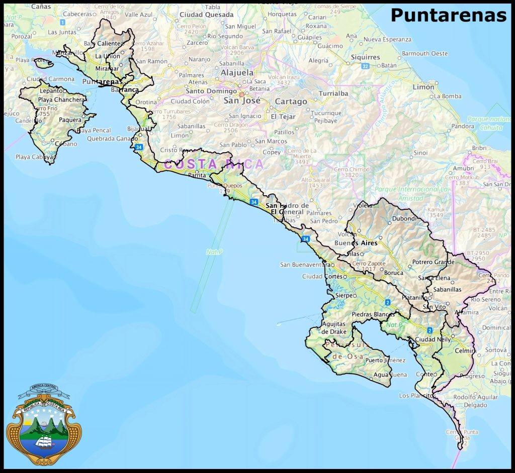 Mapa de la provincia de Puntarenas.