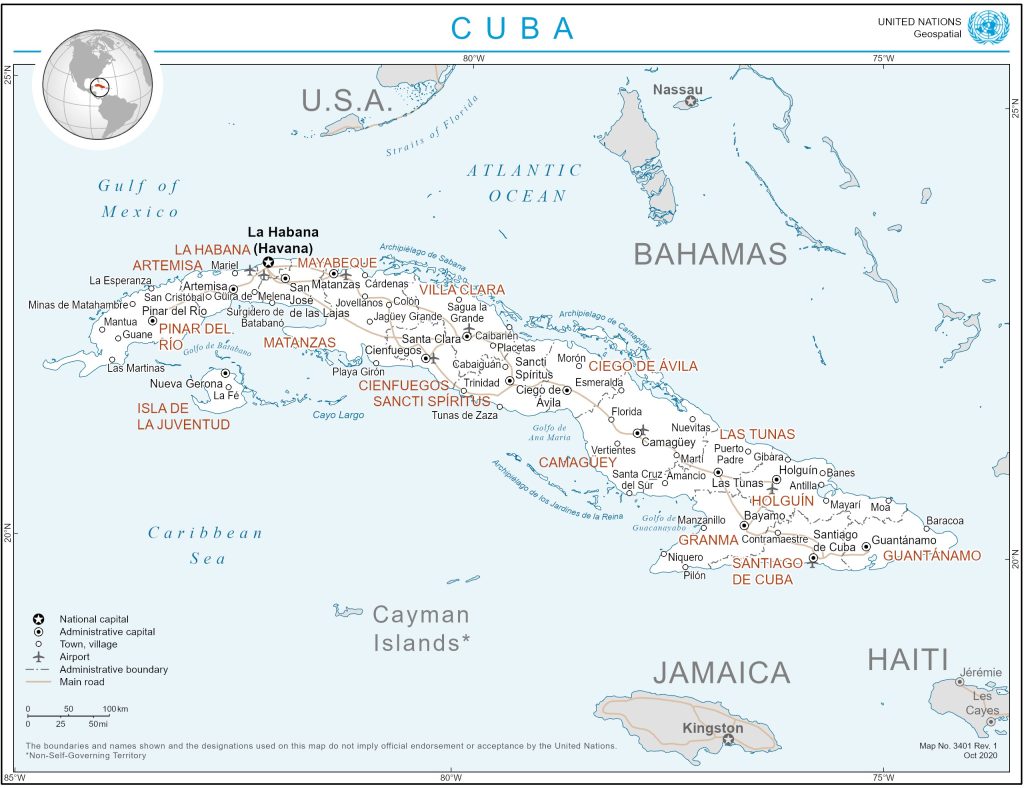 Mapa las principales ciudades de Cuba.