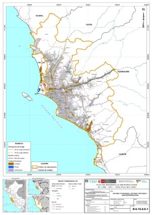 Mapa de los sistemas ferroviario y portuario de Lima