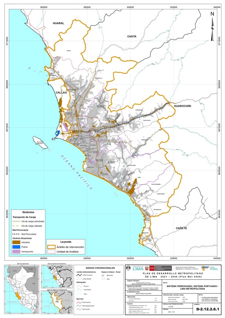 Mapa de los sistemas ferroviario y portuario de Lima.