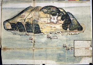 Mapa de la isla de la Tortuga durante la época de los Hermanos de la Costa, siglo XVII.