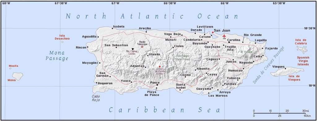 Mapa de las principales ciudades de Puerto Rico.