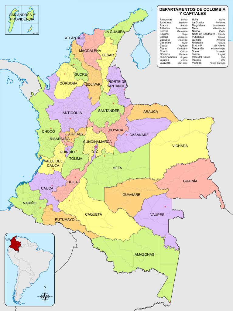 Mapa de los departamentos de Colombia.
