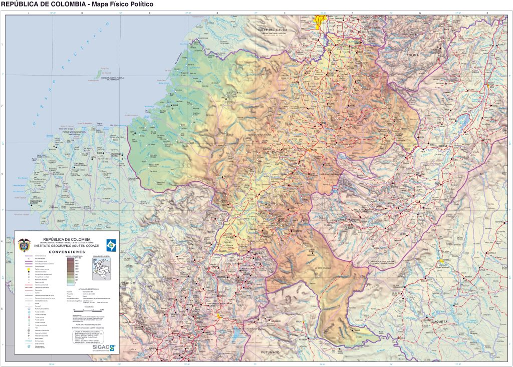 Mapa físico de Colombia.